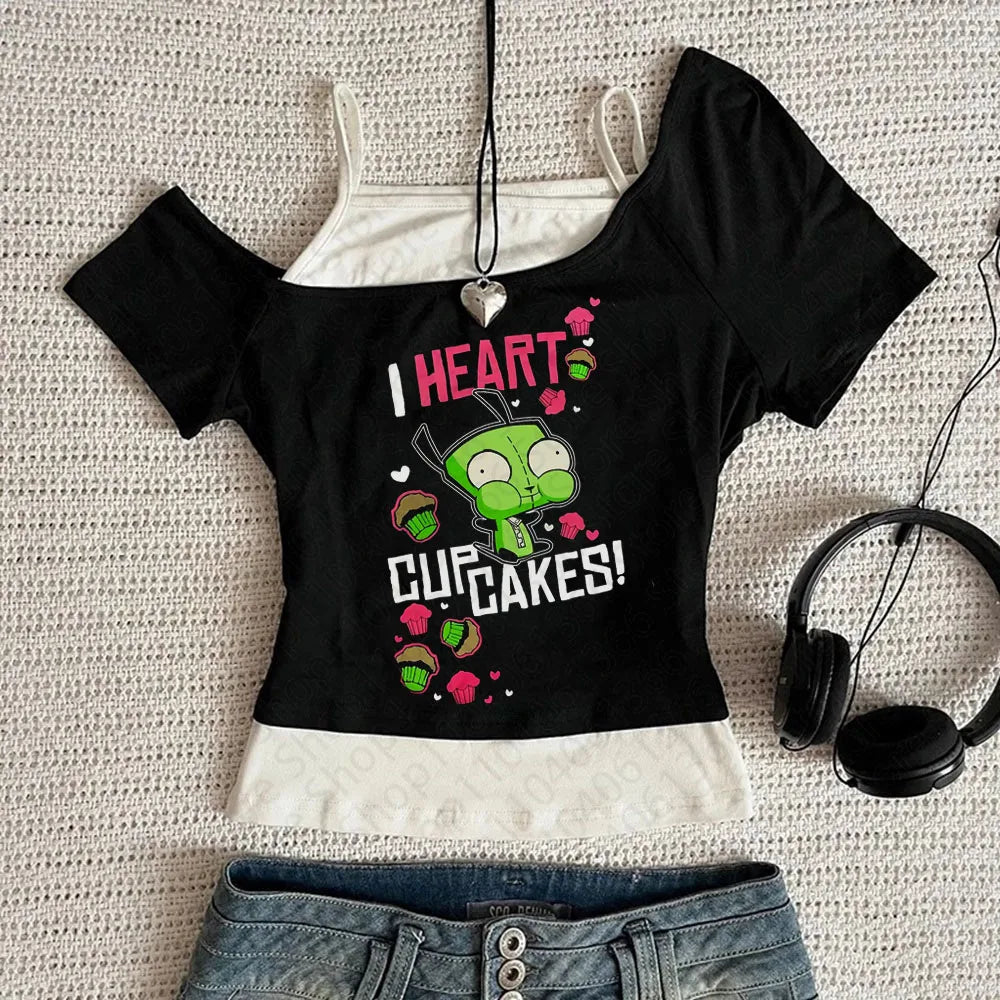 Scene Women's Black Graphic Short-Sleeve T-Shirt with Contrast Layered Detail