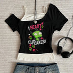 Scene Women's Black Graphic Short-Sleeve T-Shirt with Contrast Layered Detail