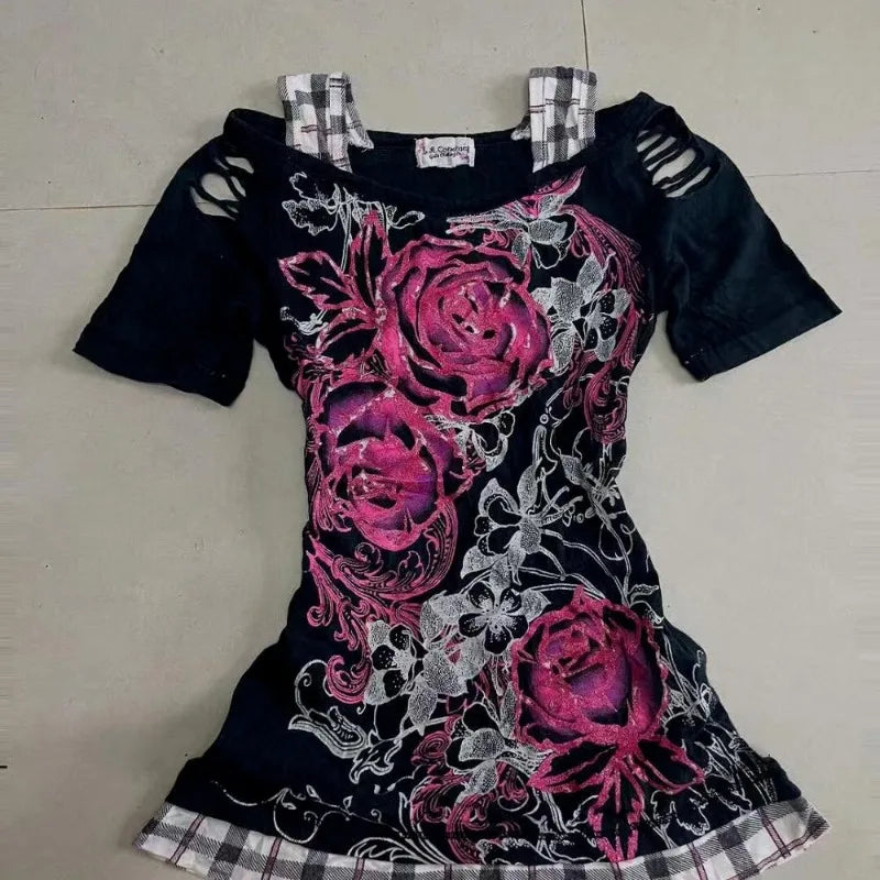 Scene Women's Black Floral Rose Print Cutout-Shoulder Top