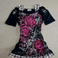 Scene Women's Black Floral Rose Print Cutout-Shoulder Top