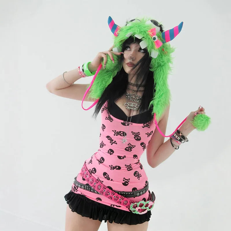 Scene Pink Skull Print Strappy Tank Top