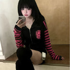 Scene Women's Black and Pink Skull Print Zip-Up Hoodie