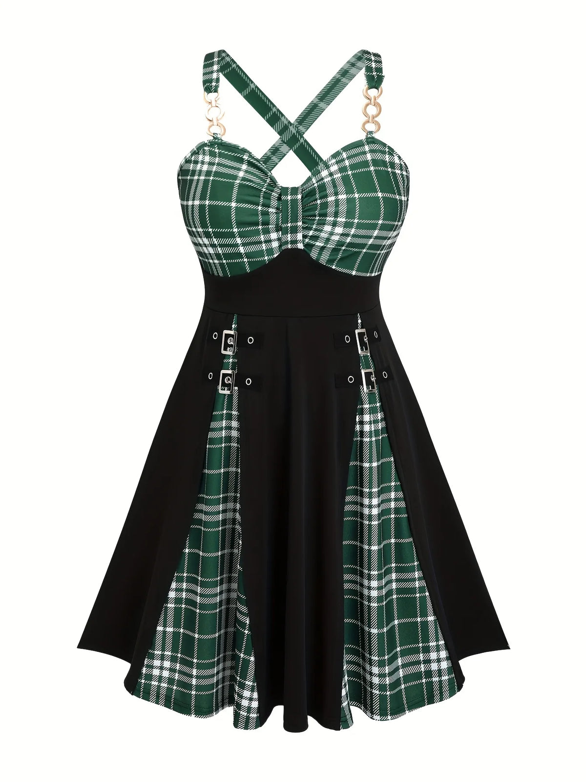 Scene Plus-Size Plaid Crisscross-Strap Mini Dress with Buckle Details