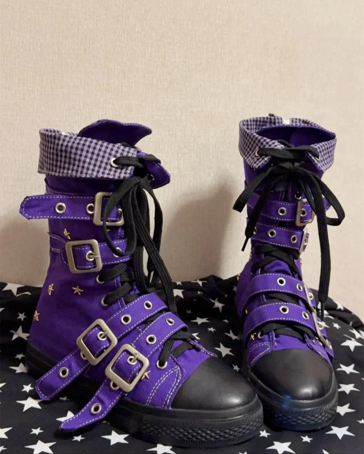 Scene Punk Canvas Ankle Boots with Buckle Straps and Star Details