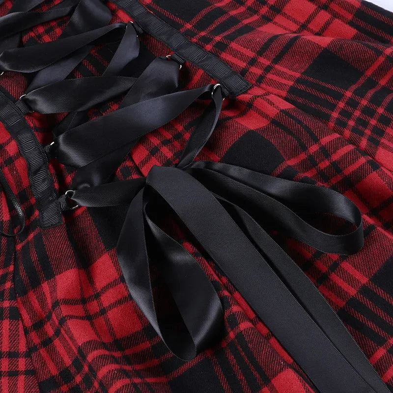 Women's Scene Red and Black Plaid Lace-Up Mini Dress