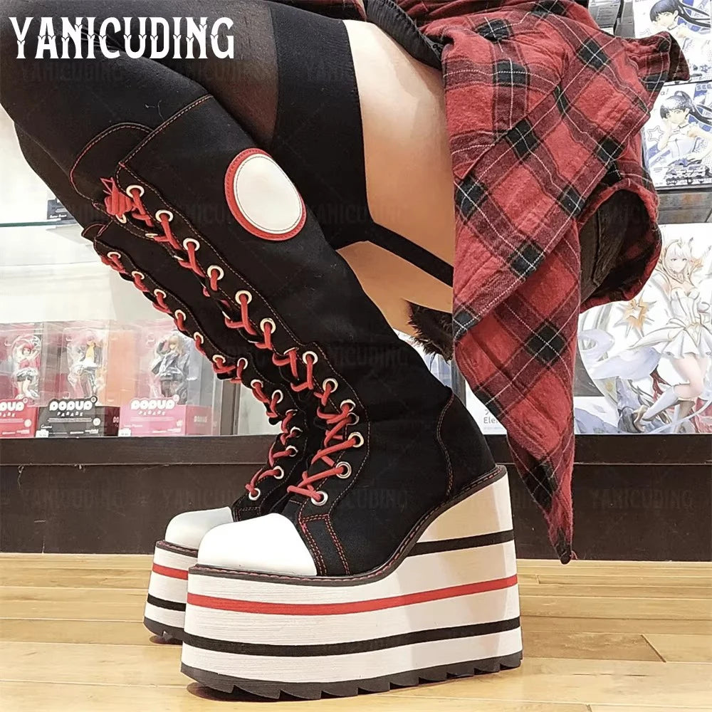 Scene Skeleton Embroidered Canvas Knee-High Wedge Platform Boots – Black with Red Laces