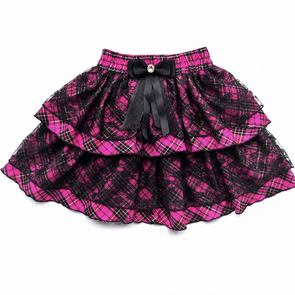 Pink Plaid Layered Lace Mini Skirt with Bow