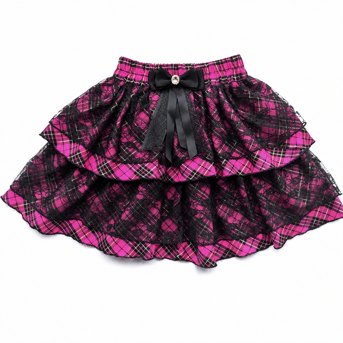 Pink Plaid Layered Lace Mini Skirt with Bow