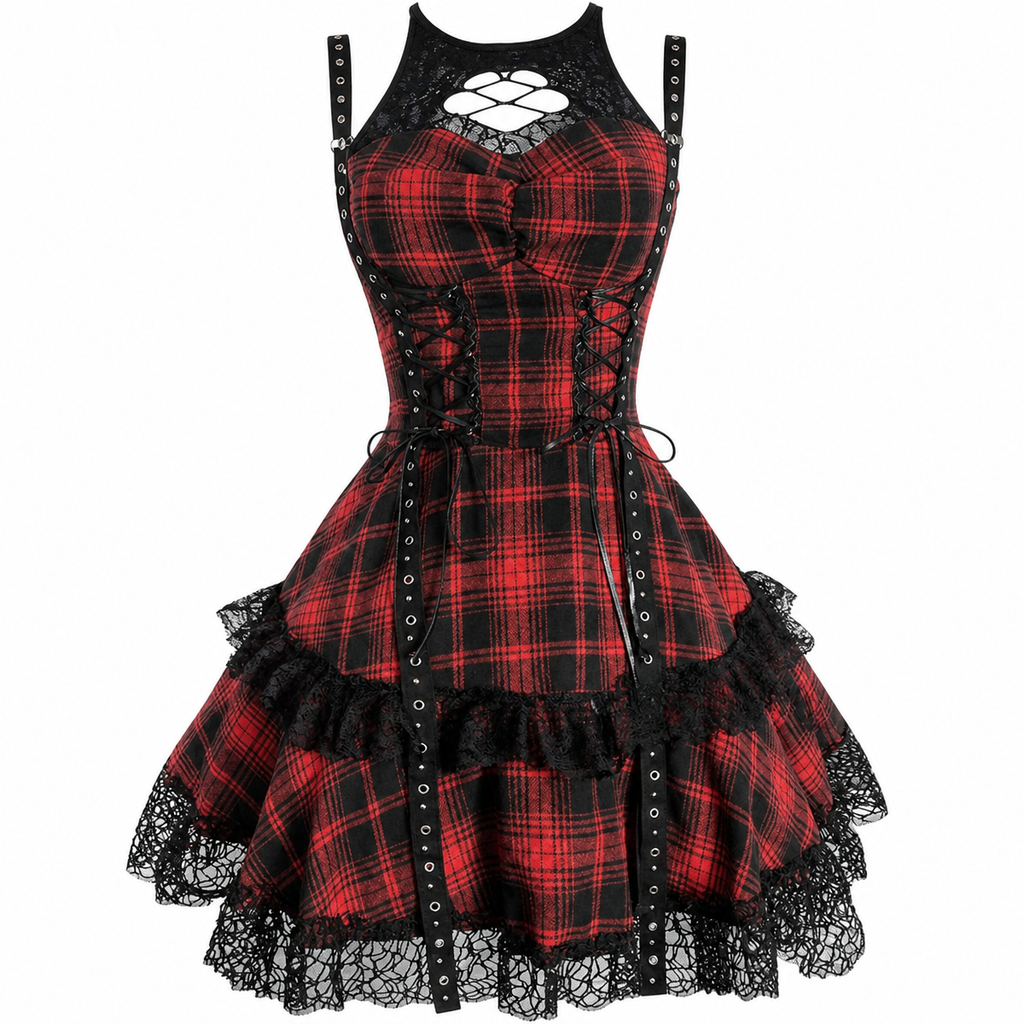 Gothic Plaid Lace-Trim Mini Dress