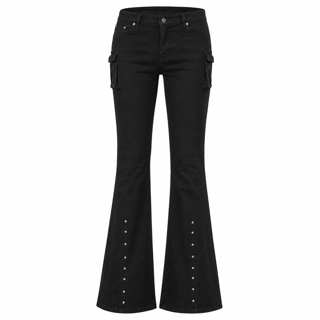 Women's Black Low-Rise Flare Jeans with Cargo Pockets