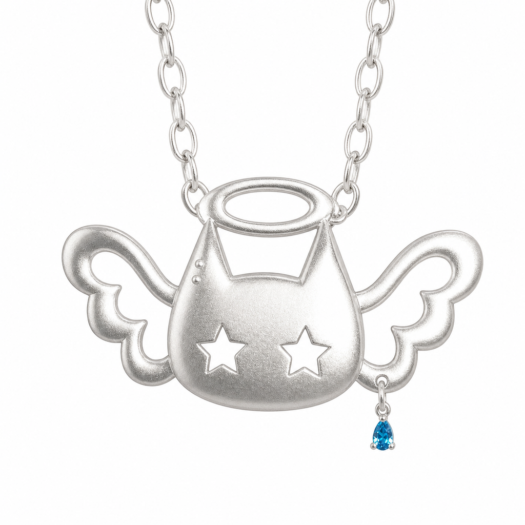 Y2K Winged Cat Pendant Necklace with Blue Crystal Charm