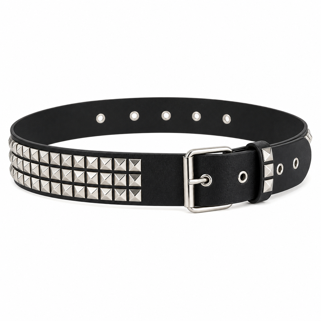 Studded PU Belt with Pyramid Rivets and Metal Buckle