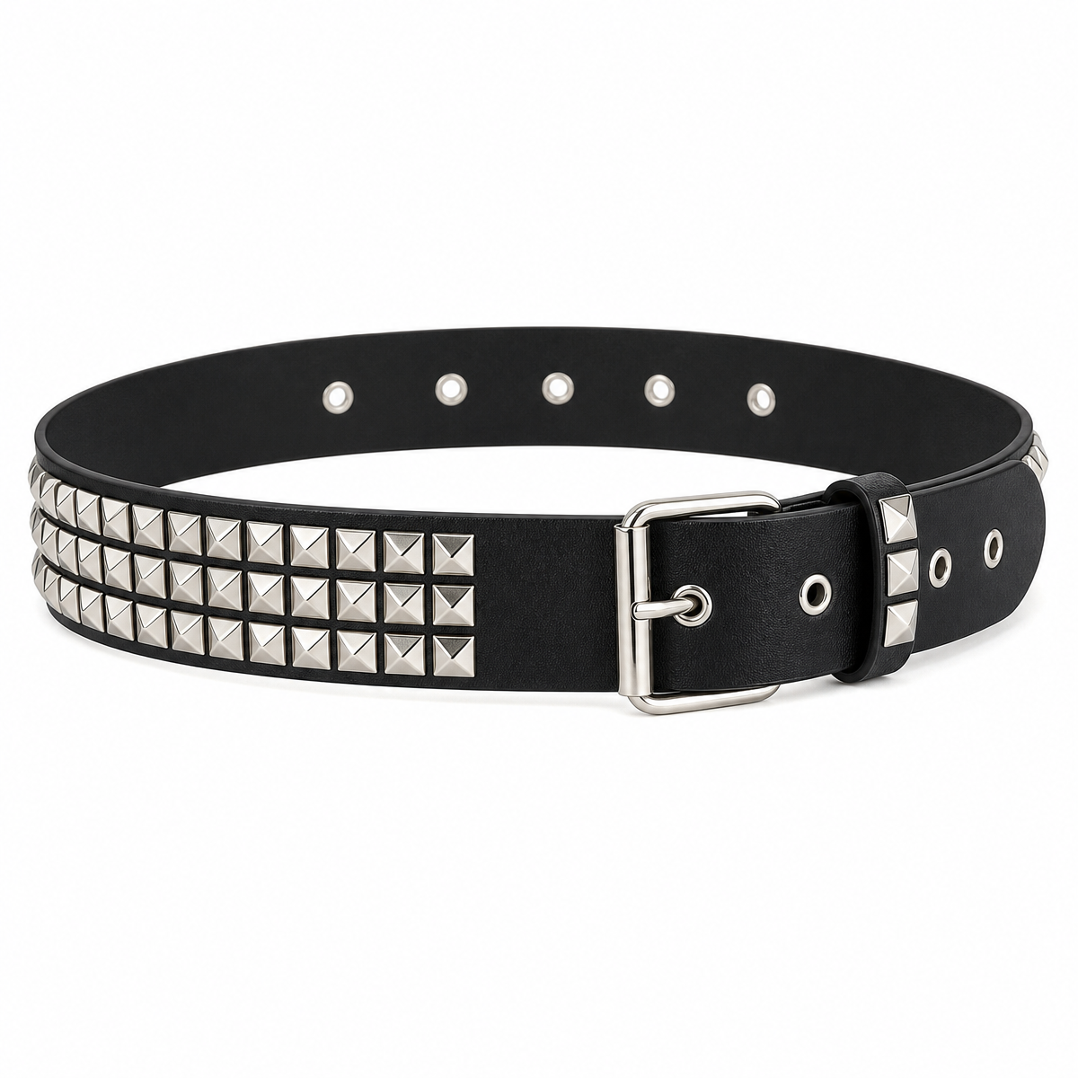 Studded PU Belt with Pyramid Rivets and Metal Buckle