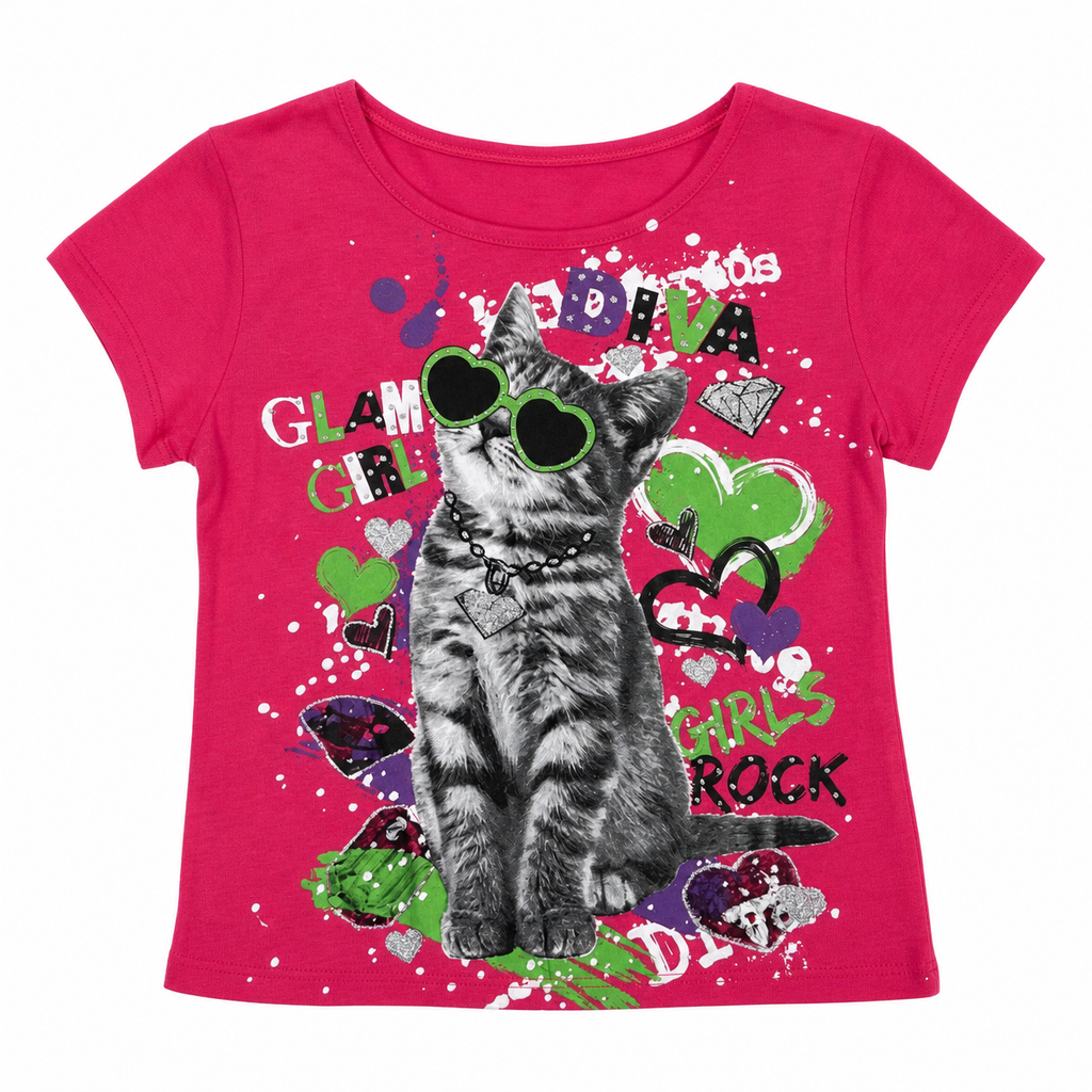 Pink Cat Graphic Crop T-Shirt