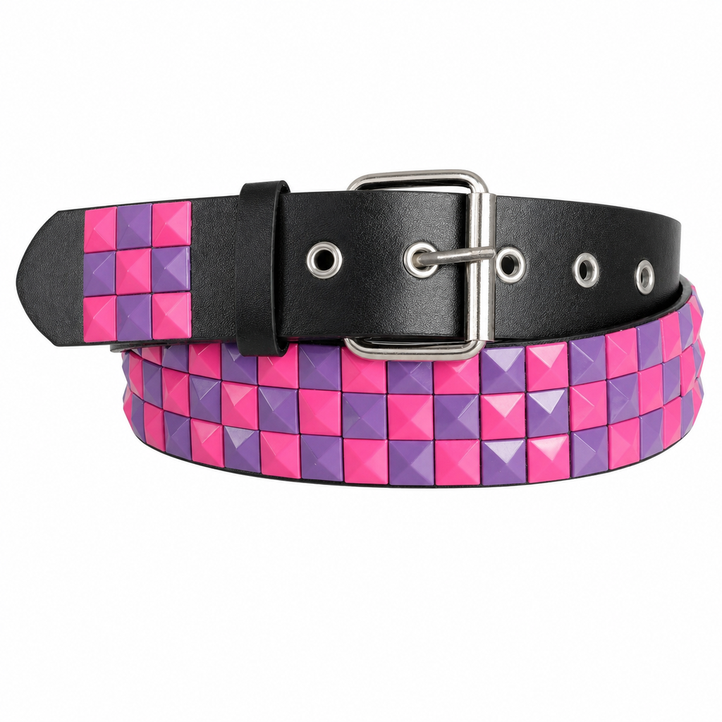 Pink & Purple Studded PU Belt with Silver-Tone Buckle, 110 cm
