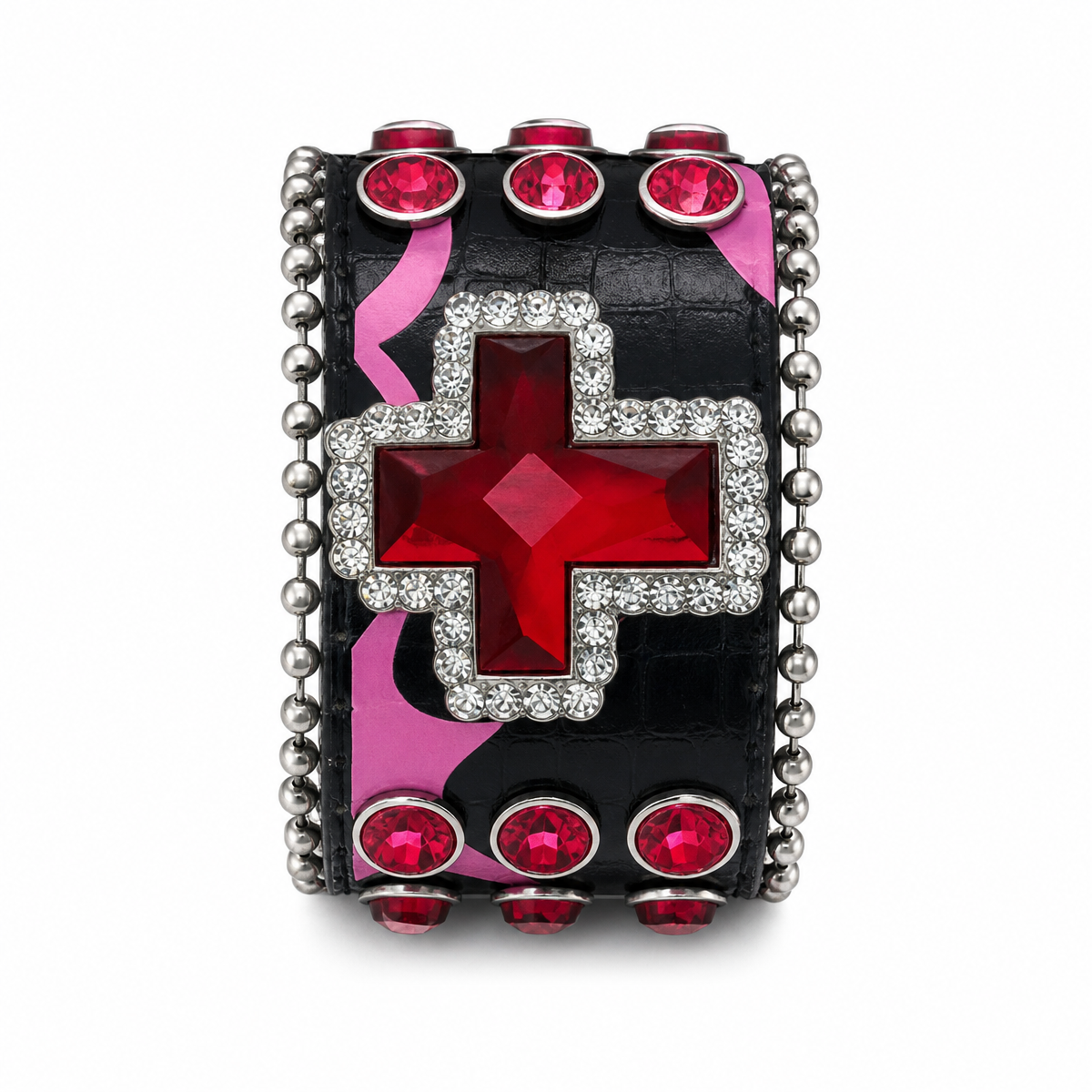Gothic Leather Crystal Cross Cuff Bracelet