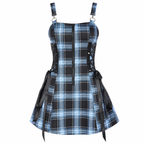 Blue Plaid Lace-Up Mini Dress with Front Zipper