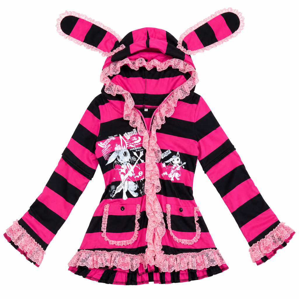 Pink and Black Striped Lace-Trim Hooded Jacket