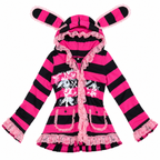 Pink and Black Striped Lace-Trim Hooded Jacket