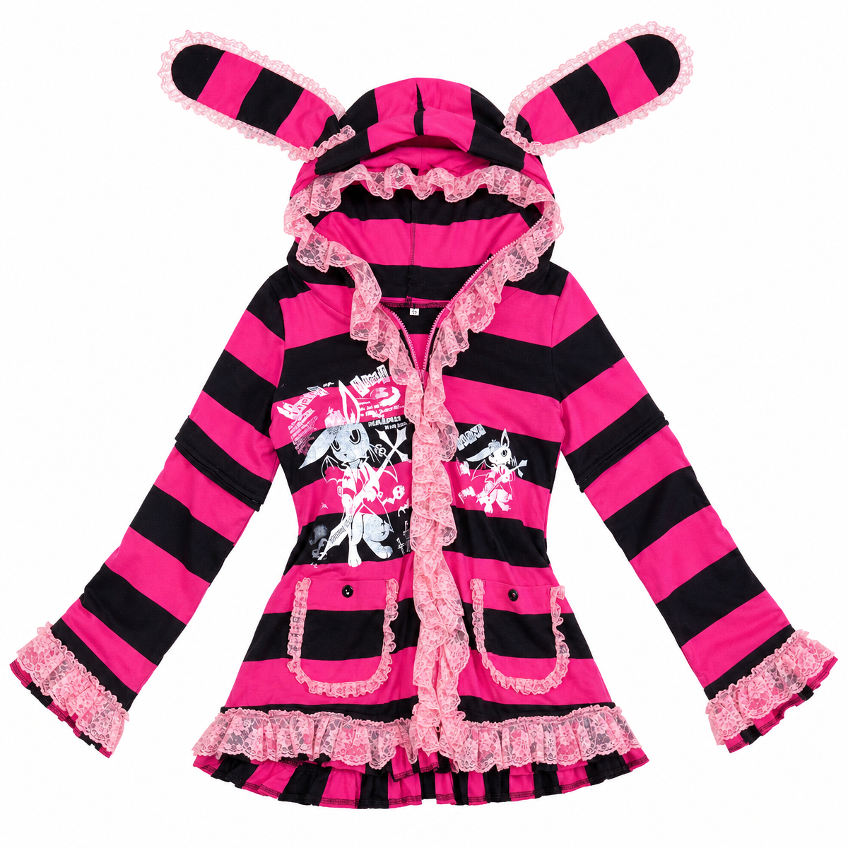 Pink and Black Striped Lace-Trim Hooded Jacket