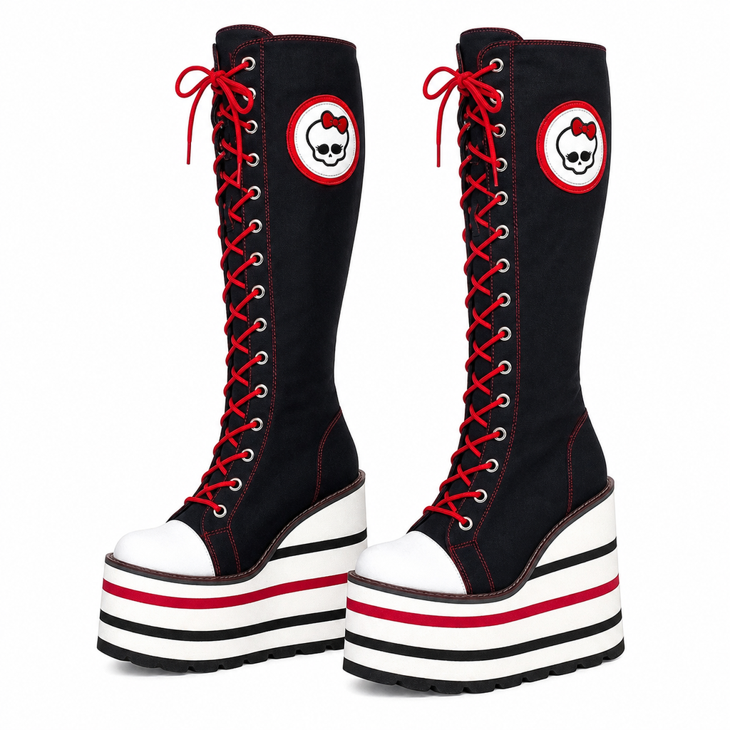 Skeleton Embroidered Canvas Knee-High Wedge Platform Boots – Black with Red Laces