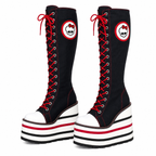 Skeleton Embroidered Canvas Knee-High Wedge Platform Boots – Black with Red Laces