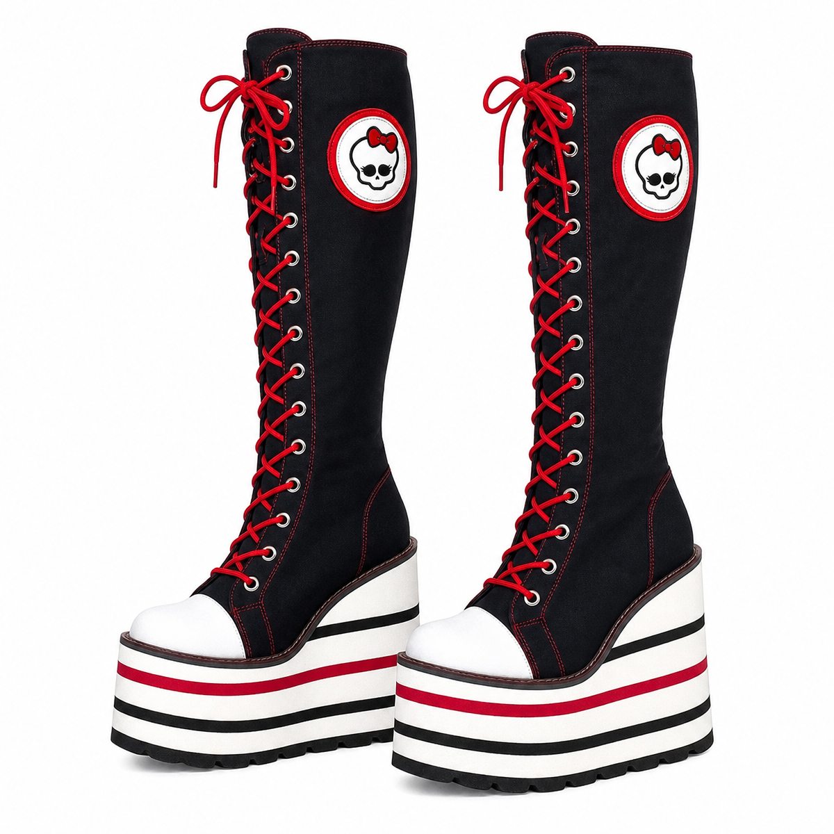 Skeleton Embroidered Canvas Knee-High Wedge Platform Boots – Black with Red Laces