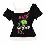 Women's Black Graphic Short-Sleeve T-Shirt with Contrast Layered Detail
