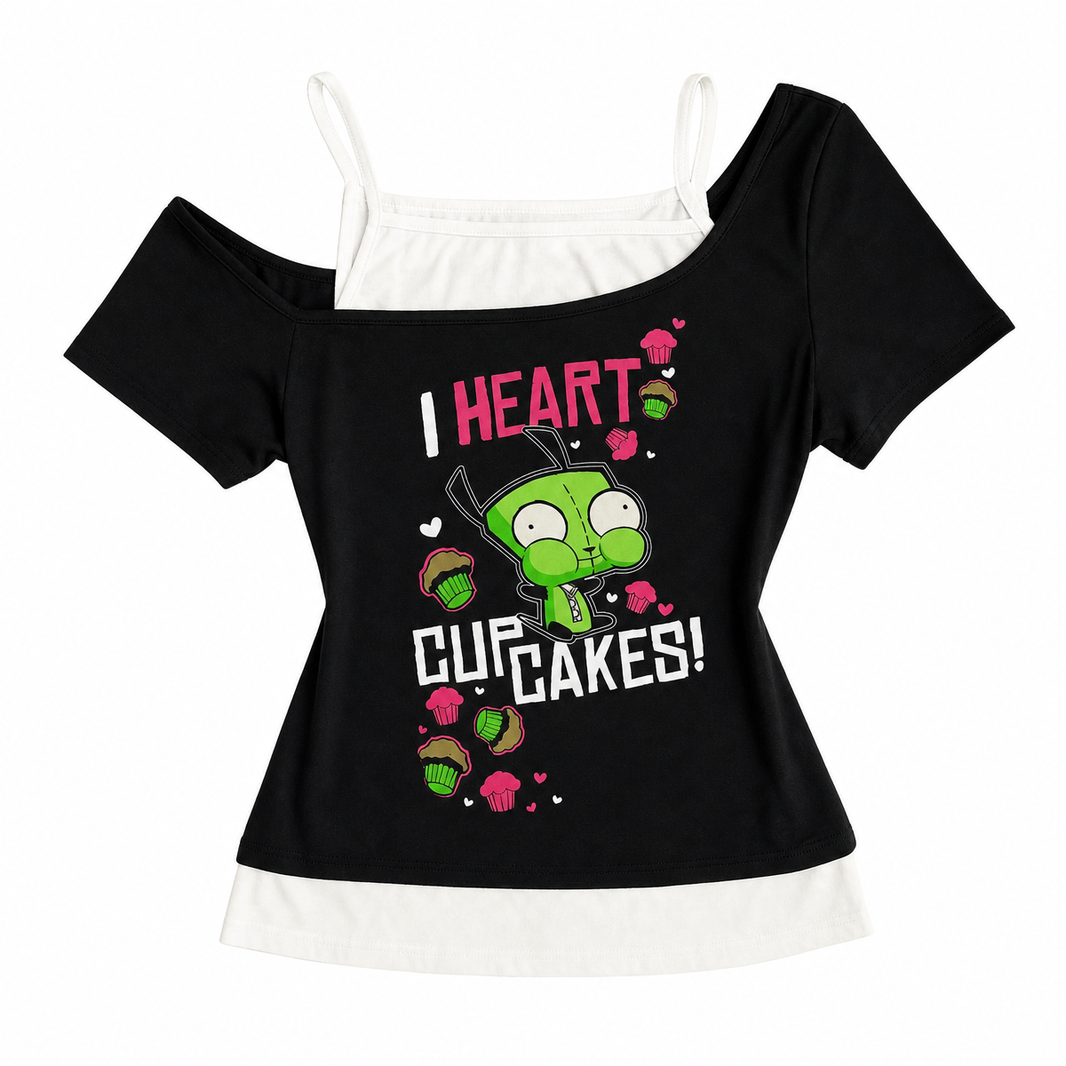 Women's Black Graphic Short-Sleeve T-Shirt with Contrast Layered Detail