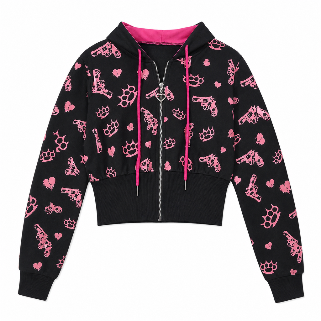 Women's Black and Pink Graphic Zip-Up Hoodie