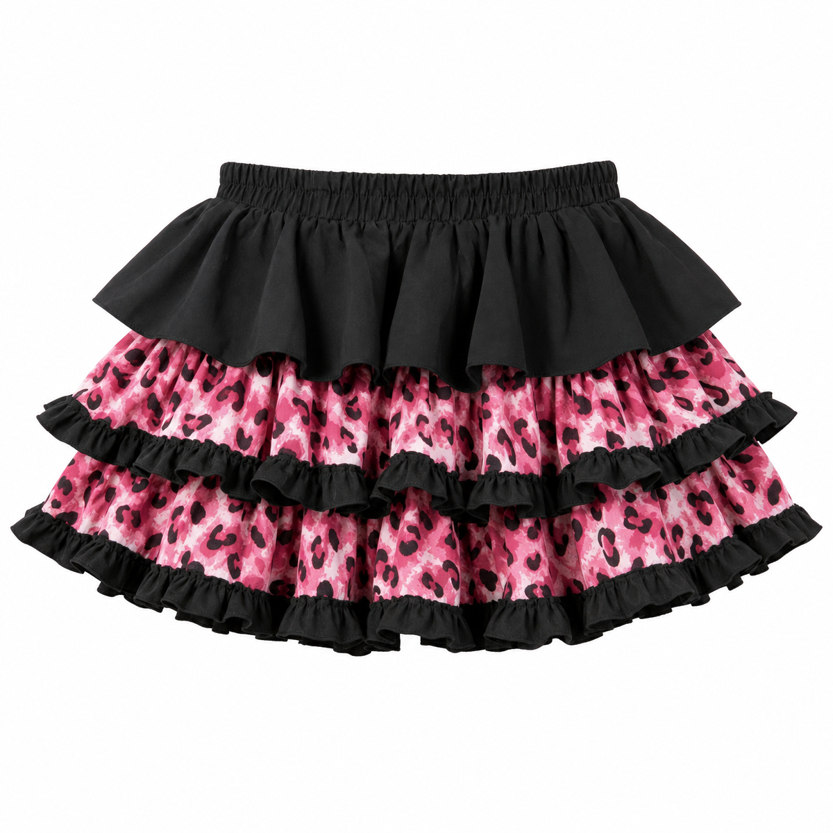 Pink Leopard Print Layered Mini Skirt with Ruffle Trim