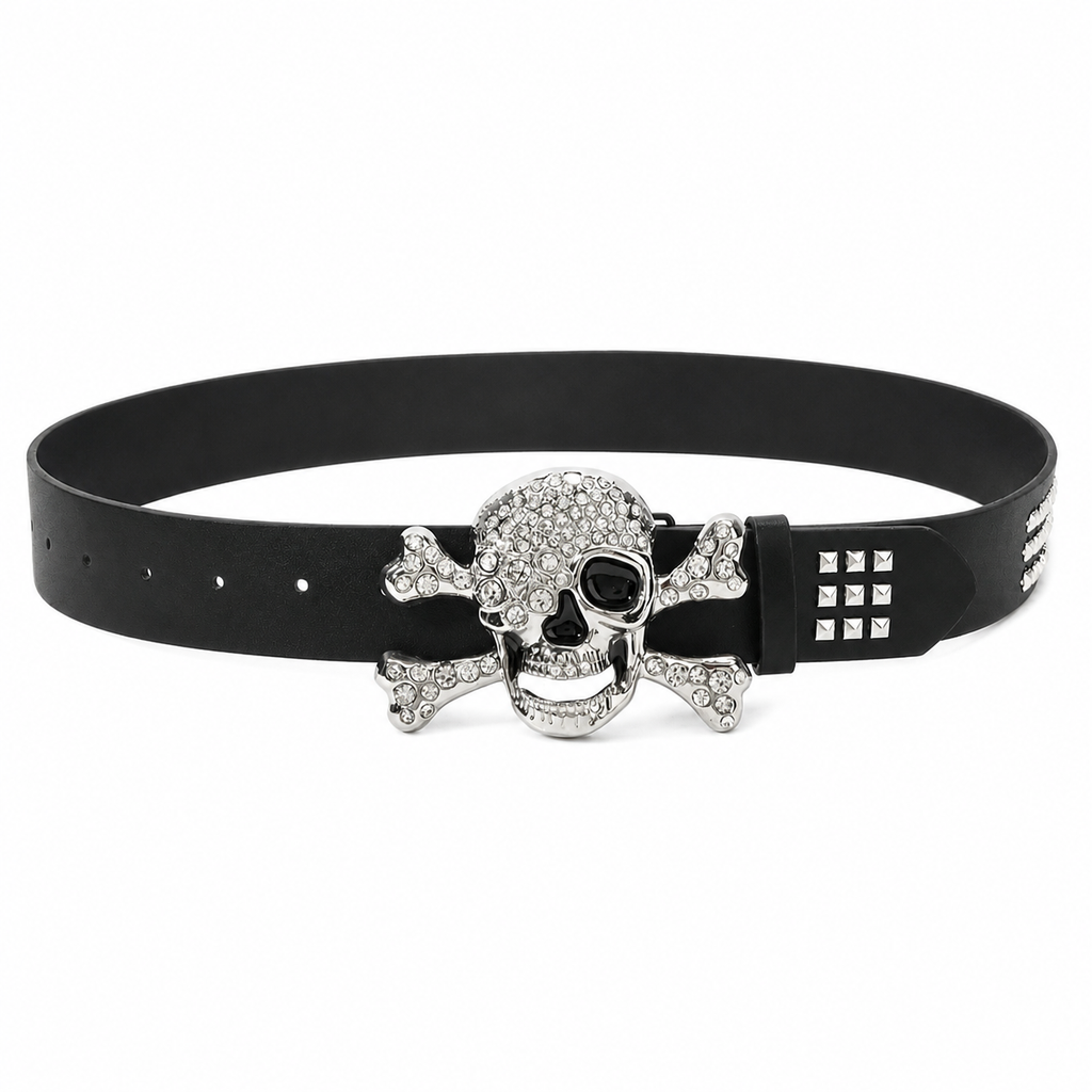 Black Studded Rhinestone Skull Buckle Belt, 105cm