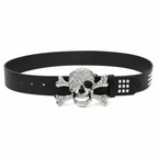 Black Studded Rhinestone Skull Buckle Belt, 105cm