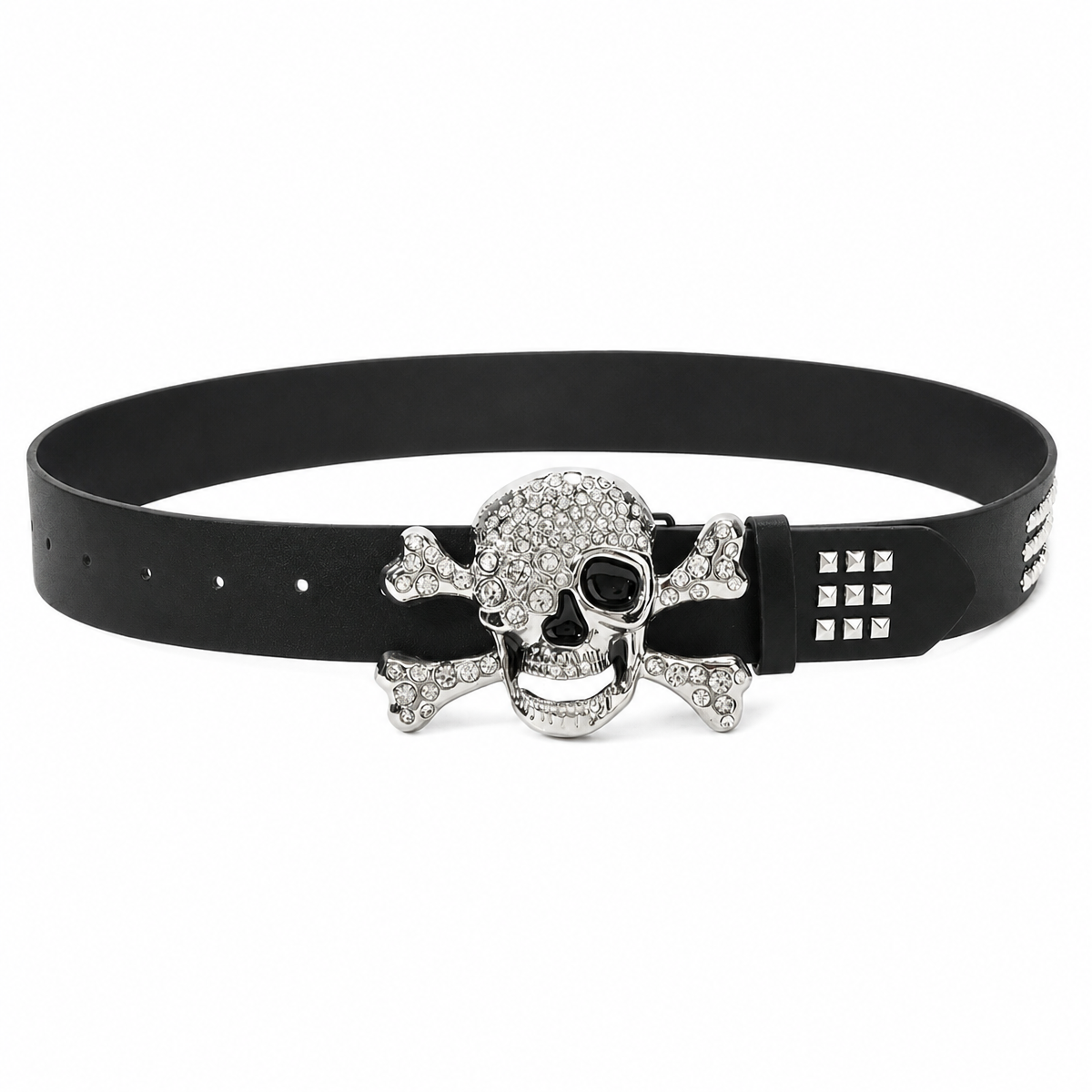 Black Studded Rhinestone Skull Buckle Belt, 105cm