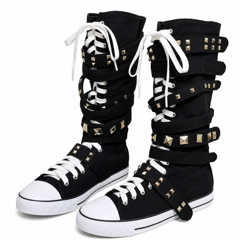 Black Canvas Mid-Calf Lace-Up Boots with Studded Straps