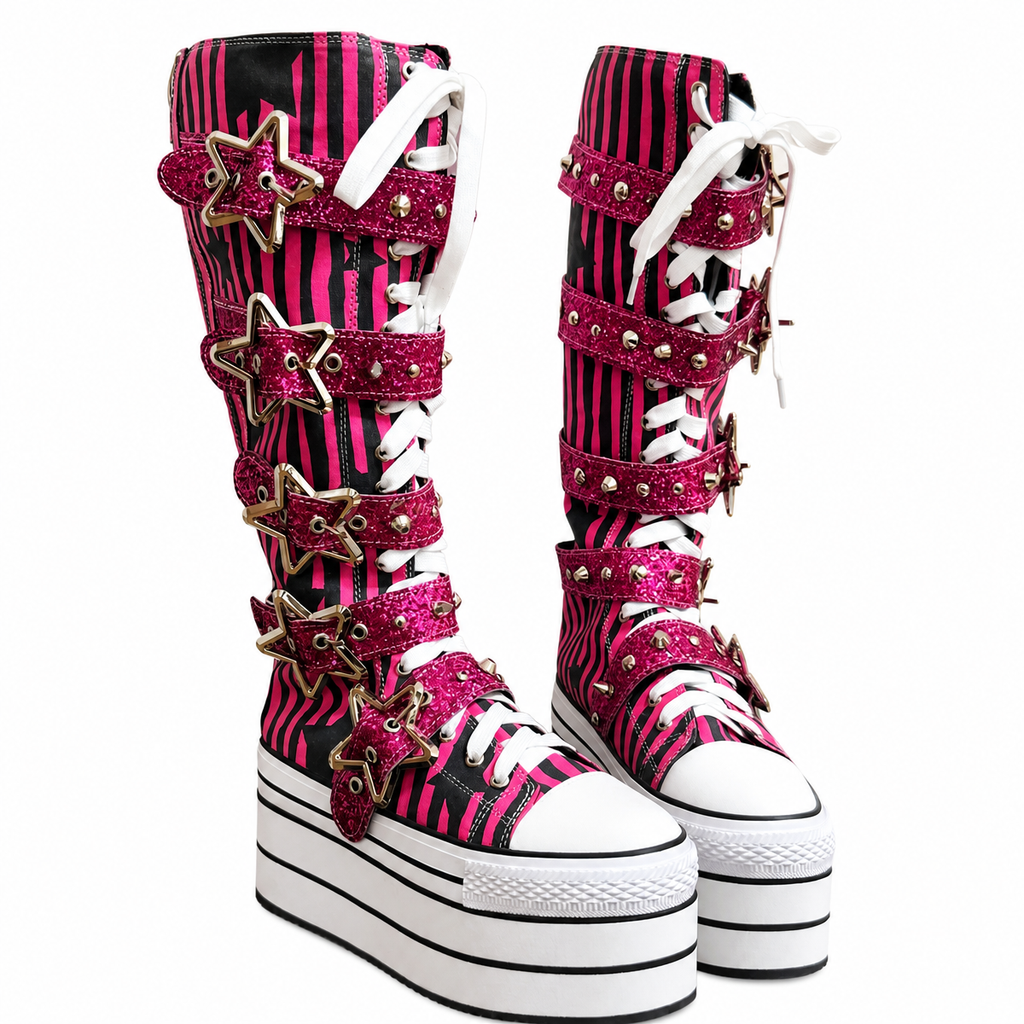 Rose Red Striped Knee-High Platform Boots with Star Buckle Straps