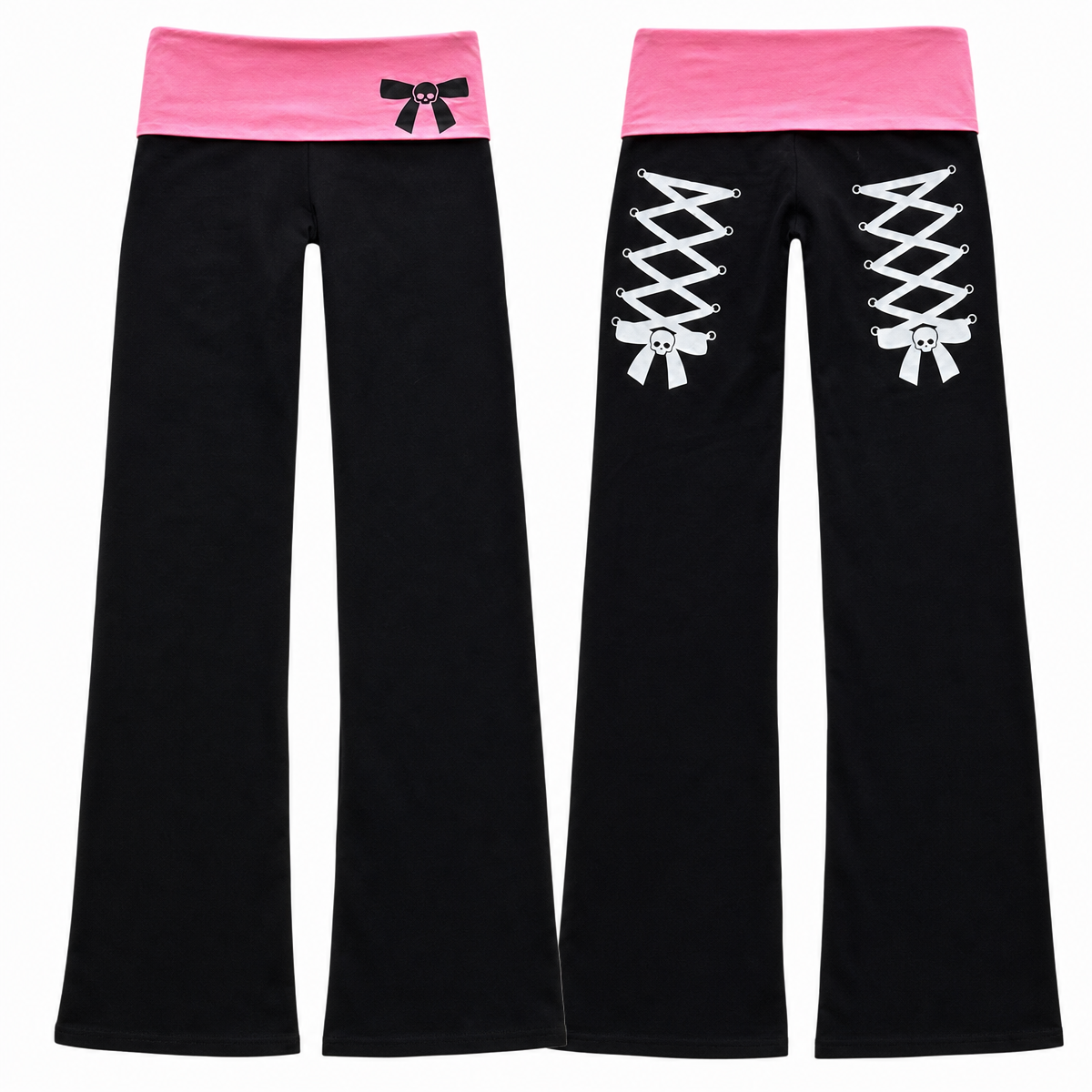 Women's Black and Pink Skull Print Wide-Leg Pants